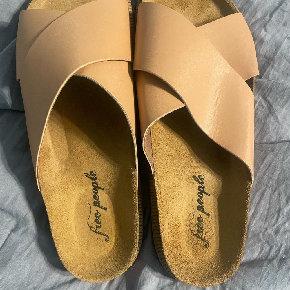 Free People Tan Slide Sandals with Criss-Cross Straps